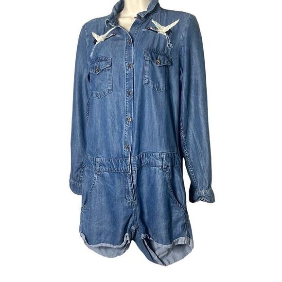 The Kooples Jeans Women's Blue Bird Embroidered Chambray‎ Open Back Romper Large - Picture 1 of 12